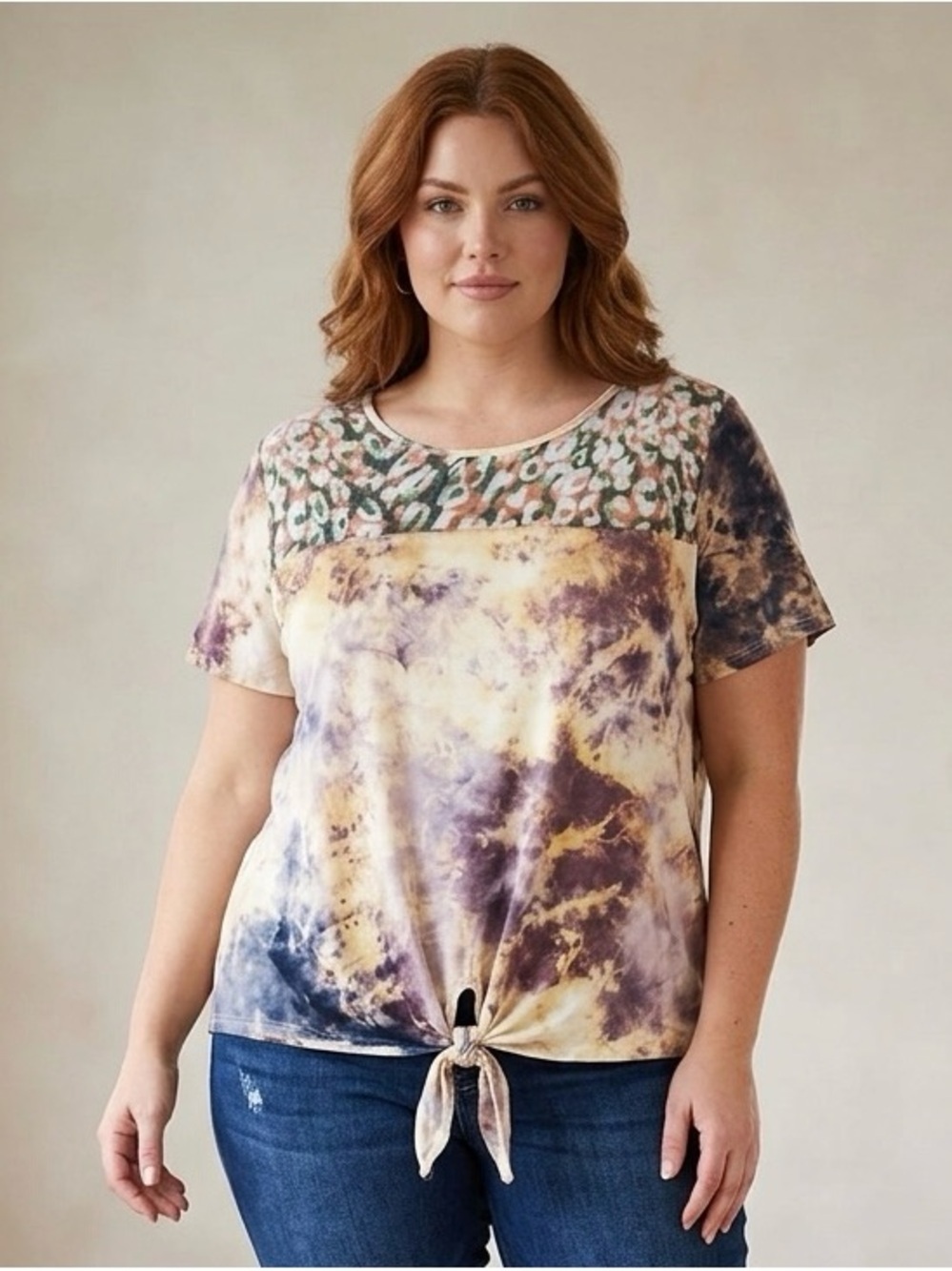 Umgee Multi-Color Tie-Dye Short Sleeve Round Neck Top with Front Knot
